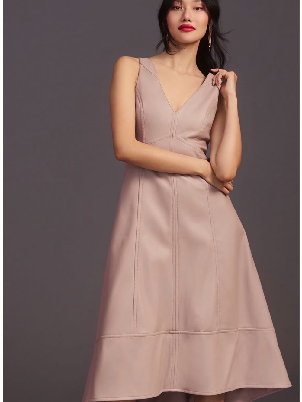 Anthropologie Maeve V-Neck Faux leather-A-Line Dress in Dusty Rose Blush
